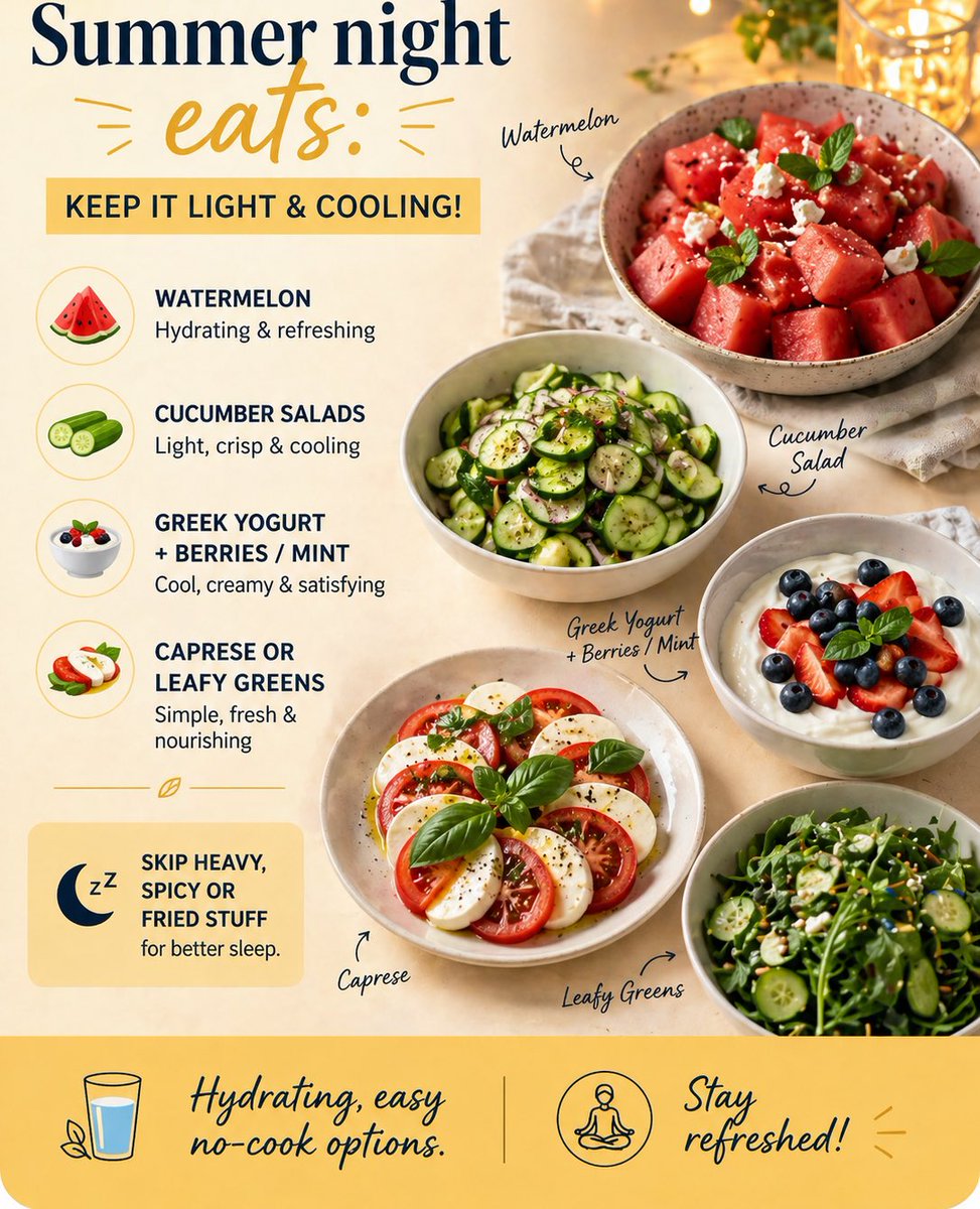 TheDigestiveIn's tweet image. Summer night eats: Keep it light &amp;amp; cooling!

Watermelon, cucumber salads, Greek yogurt + berries/mint, Caprese or leafy greens. Hydrating, easy no-cook options. 

Skip heavy/spicy/fried stuff for better sleep. 

Stay refreshed! 🍉🥒🥗

#dhi #guthealth #digestion #diet #summerfit