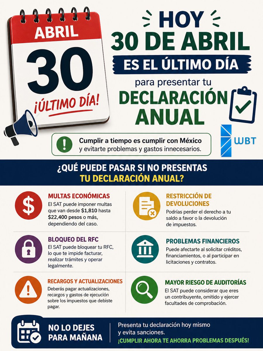 WorldBusinessT3's tweet image. 🚨 Hoy 30 de abril es el ÚLTIMO DÍA para presentar tu Declaración Anual 🚨

No hacerlo puede costarte:
💸 Multas
🔒 Bloqueo de RFC
⚠️ Recargos y auditoríasEvita problemas y cumple hoy mismo.

#WBT #DeclaraciónAnual #SAT #ÚltimoDía