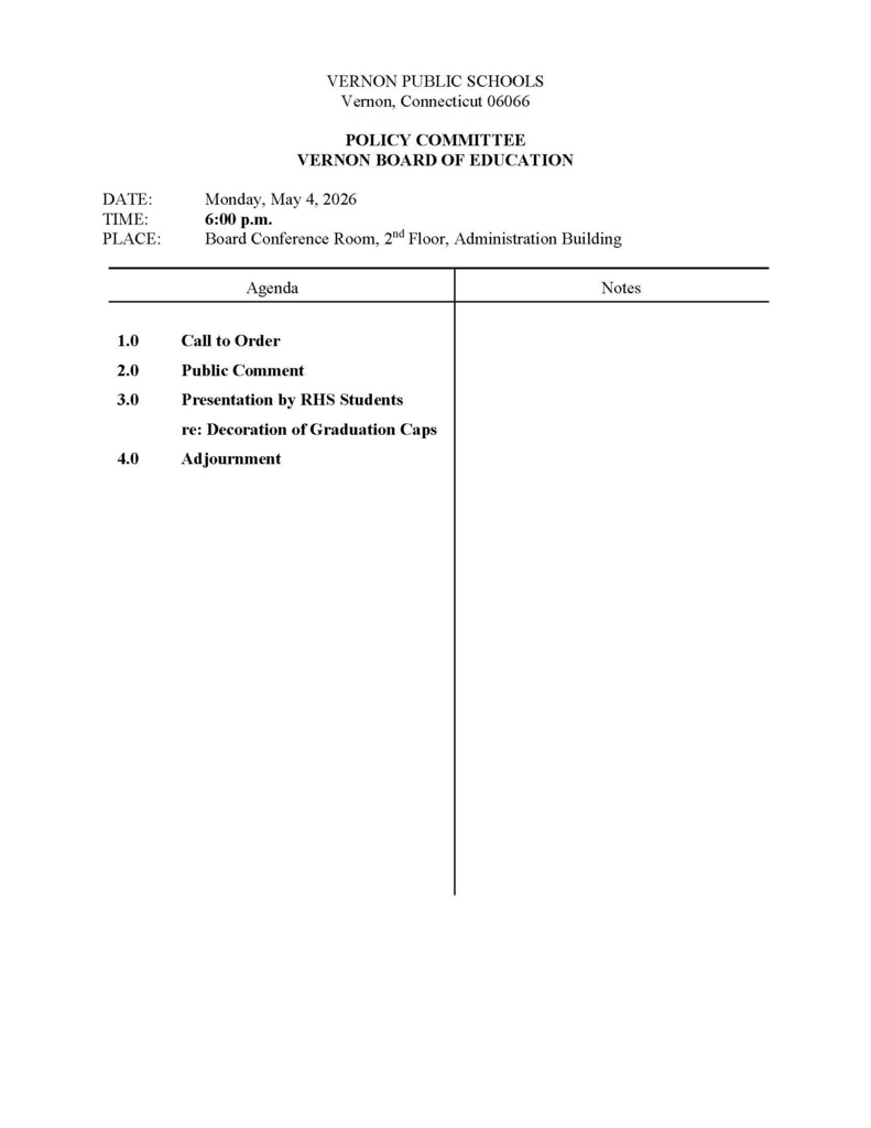 The BOE Policy Committee Meeting will take place on May 4, 2026