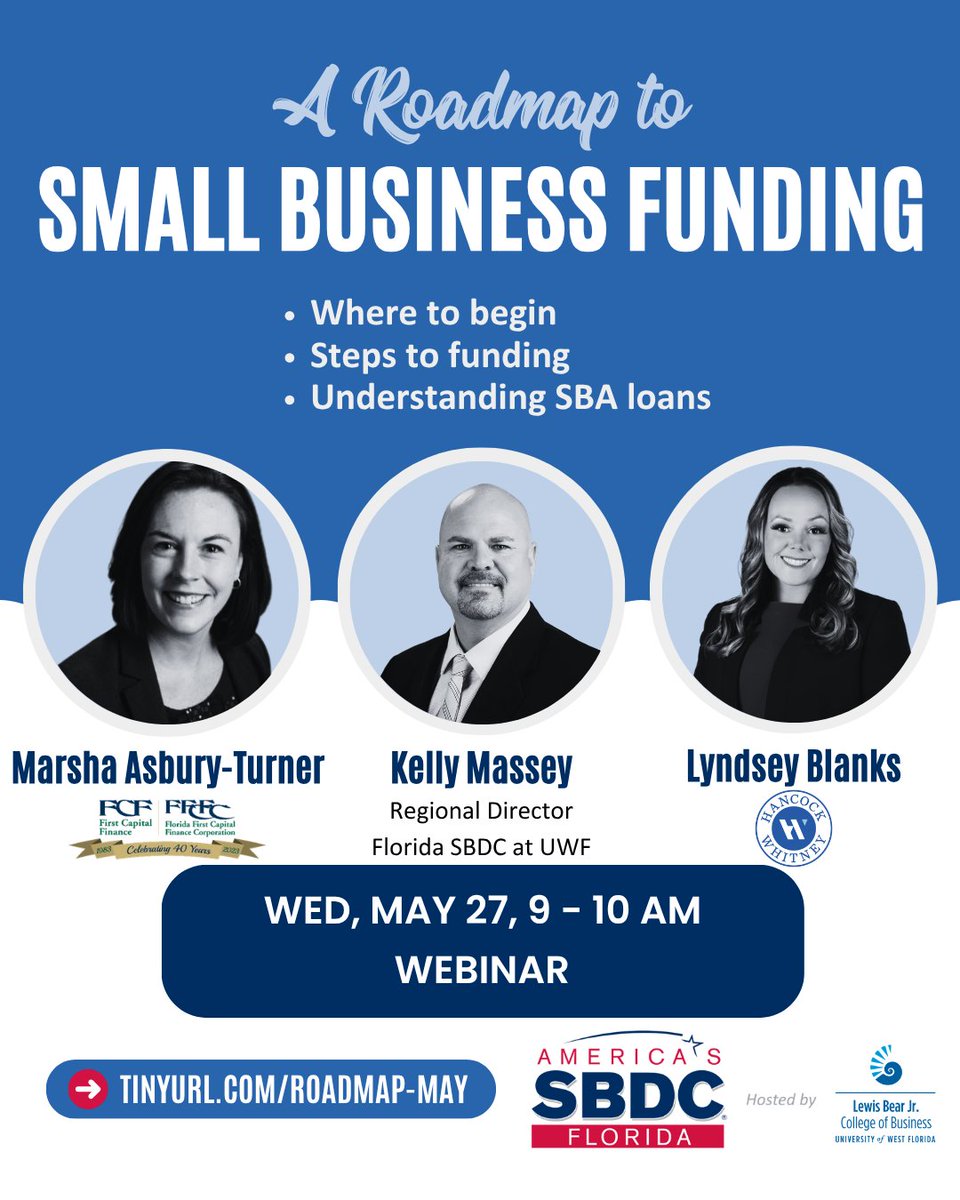 FloridaSBDC_UWF's tweet image. Unlock the capital your business needs! 💰 Join us for "A Roadmap to Small Business Funding" on May 27th at 9 AM CT. Learn about funding options &amp;amp; what lenders seek! Reserve your spot now: tinyurl.com/roadmap-may #SmallBiz #Funding #Webinar
