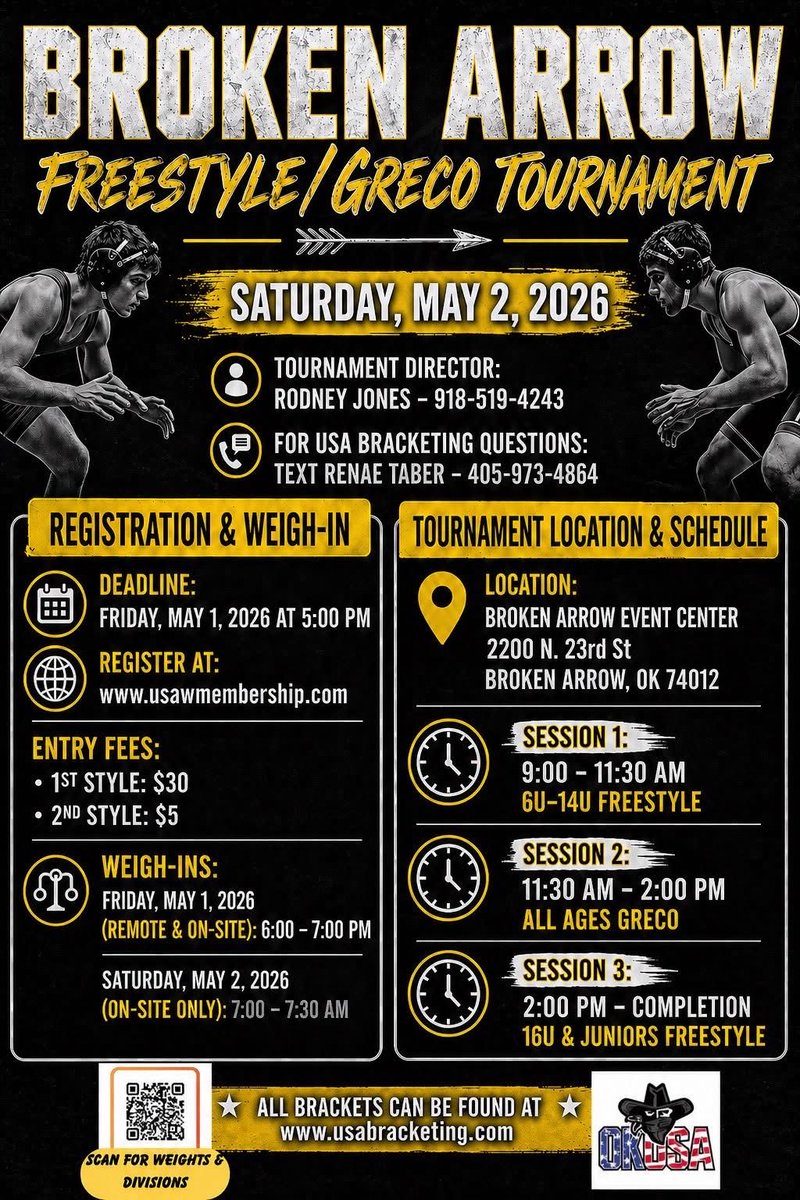 BAHSWrestling's tweet image. T&amp;amp;T at Broken Arrow!!!
-Tournament this Saturday May, 2nd
-Training Tues/Thurs 6:00-7:30.
#wrestlingliveshere #onestopshop