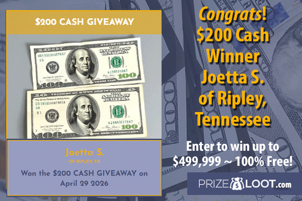 Prizeloot's tweet photo. Congrats! $200 Cash Prize #Winner, Joetta S. of Ripley, Tennessee!🏆💸💸

✔️Get your FREE ENTRIES to #win up to $499,999 with PrizeLoot: https://t.co/TNseyFu1Wx https://t.co/E44P5ZHbMz