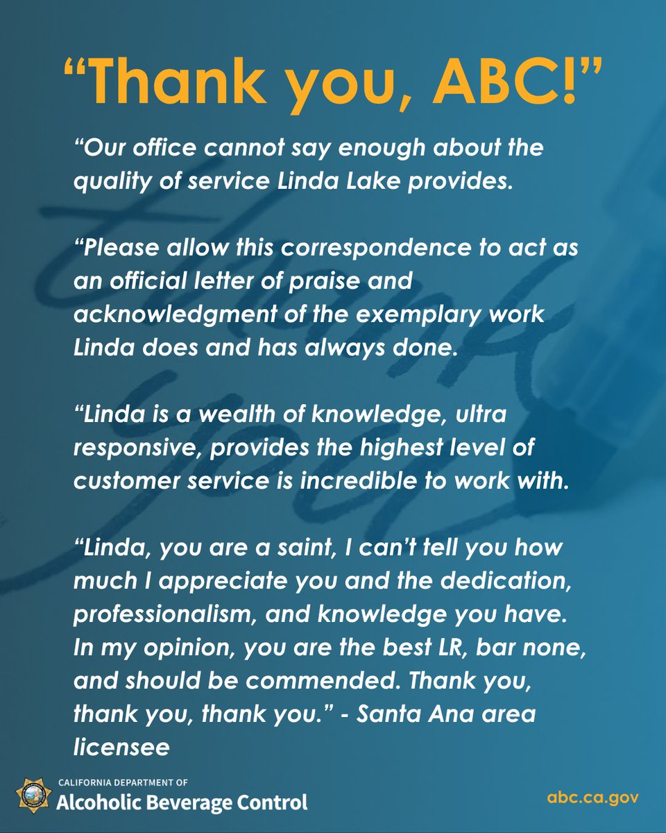 CA_ABC's tweet photo. ABC’s licensing representatives strive to make the application process efficient and transparent while also operating with fairness and integrity. We’re always delighted when licensees share appreciation for our staff. Thank you, licensees! https://t.co/BzXcN83Qua