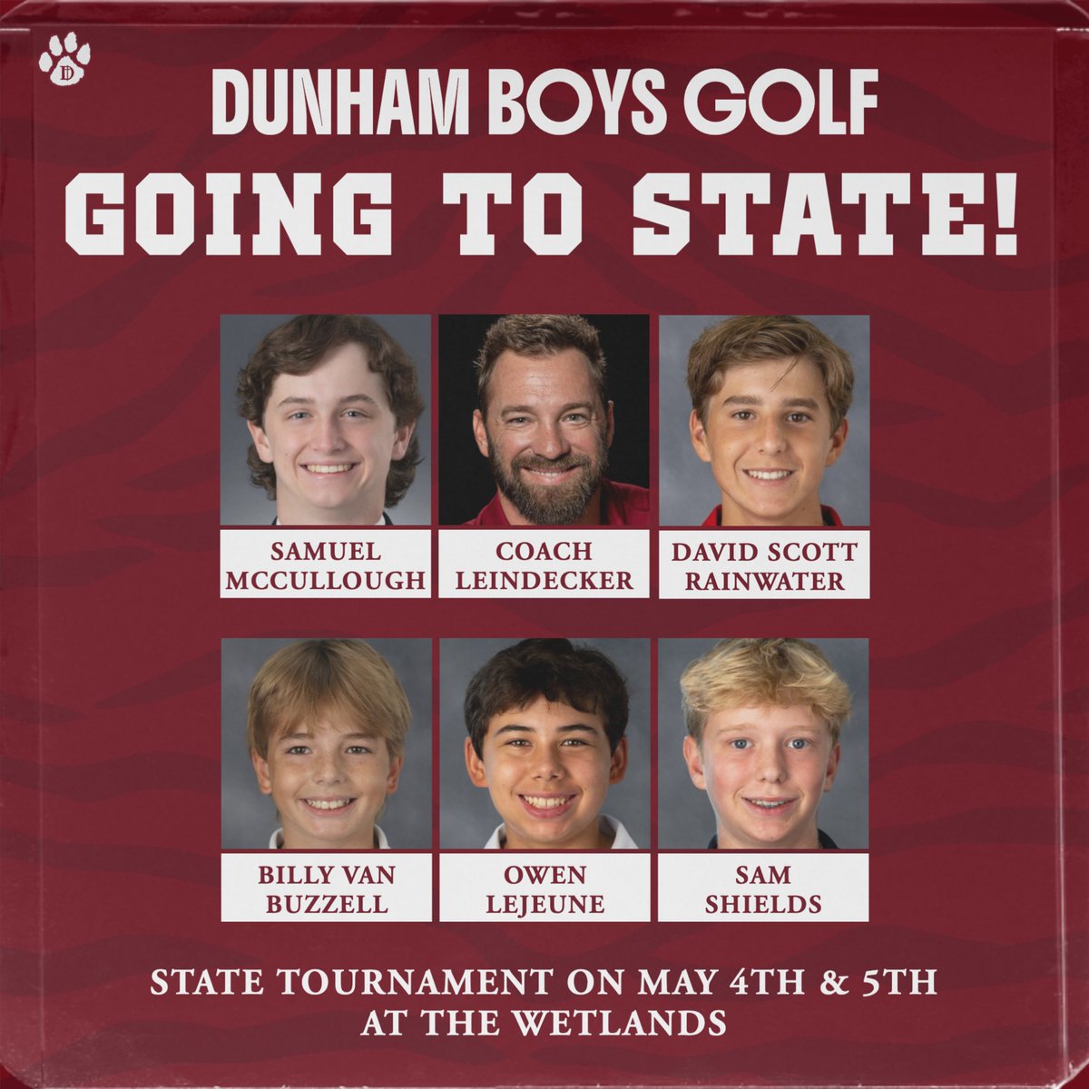 DunhamAthletics's tweet photo. ⛳️ HEADED TO STATE ⛳️

CONGRATULATIONS to Coach Calob Leindecker and our Dunham Boys Golf Team who are headed to the state tournament following their performance at Regionals yesterday! 

Our boys finished in third place for Region II at The Island Golf Course yesterday to clinch their spot in the state tournament. Owen Lejeune '30 led the way for the Tigers shooting a 71, followed not too far behind Sam Shields '31 who shot a 76! Samuel McCullough '26 and Billy Van Buzzell '31 rounded out the top four by each shooting an 81. Lejeune finished tied for third as an individual as well!

We are so proud of the boys advancing to state where they will look to compete for a State Championship next week on May 4th and 5th at The Wetlands! Let's GO TIGERS!

#GoTigers #DutyFaithHonor #ChooseDunham