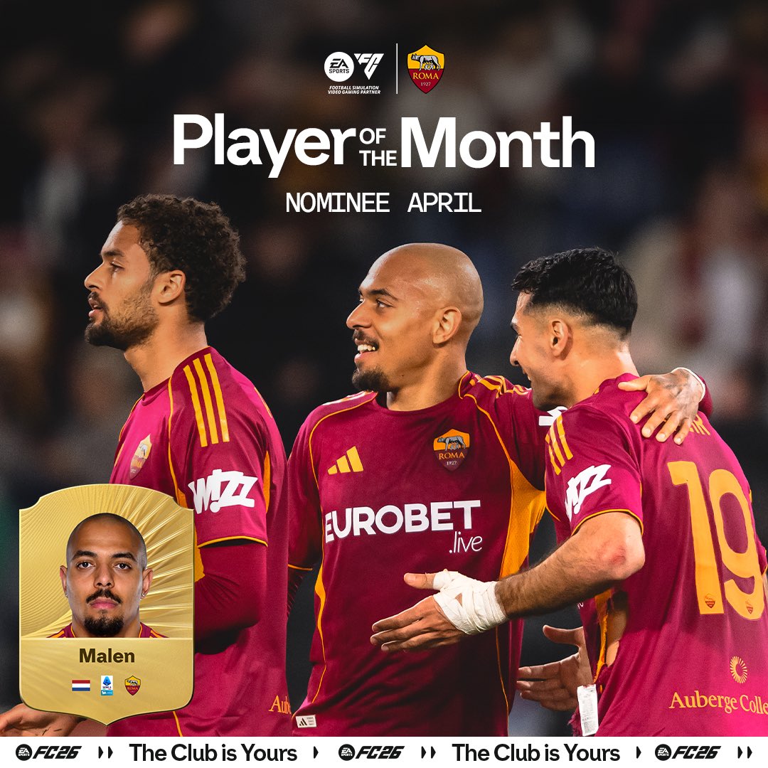 OfficialASRoma's tweet image. Continua a fare la differenza, partita dopo partita.
Malen è tra i candidati al Serie A @easportsfc Player of the Month di aprile.
Votalo ora 👉 x.ea.com/89126
@easportsfcit #FC26  #POTM

#ASRoma