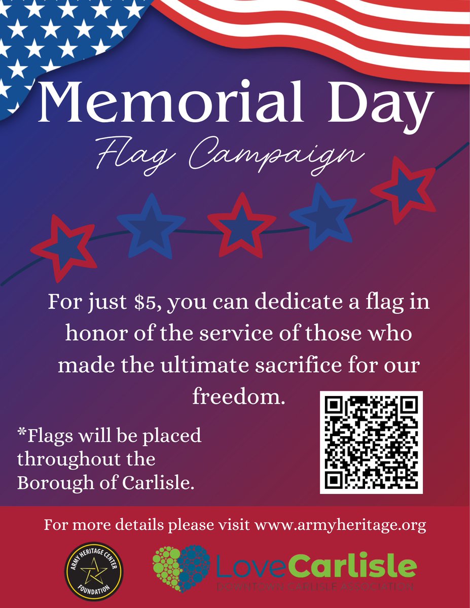 ArmyHeritage's tweet image. Check out our Memorial Day Flag Campaign. For $5.00 you can purchase a flag to honor a service member. The flags will be placed throughout the Borough of Carlisle for Memorial Day.

 #MemorialDay #FlagCampaign #HonorOurHeroes #SupportOurTroops