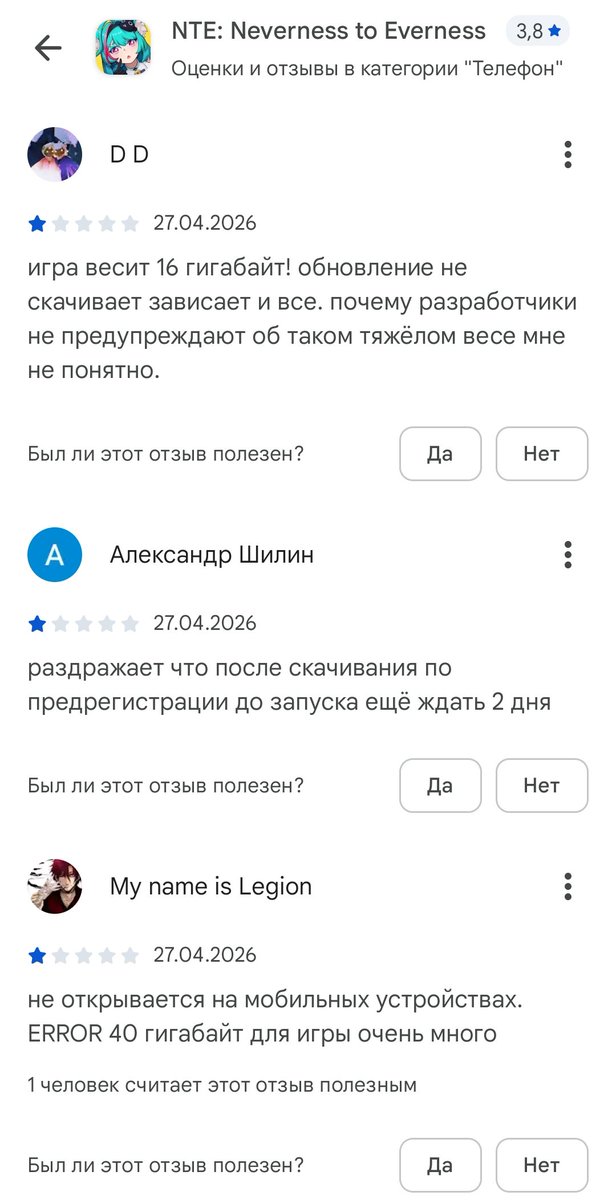 еще один фактор, показывающий тупость людей - это предзагрузка игр. NTE вышла 29.04. что мы видим в отзывах 27.04?
"игра говно, она даже не открывается"
вы не умеете читать? тяжело
