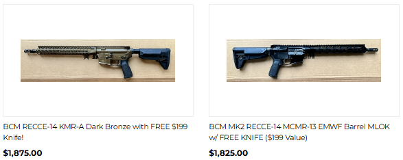 GandRTactical's tweet image. Stupid Deal of the Week:
Get these BCM RECCE-14's at 5% off (with coupon code BCM), no sales tax ('cept OH), and a FREE $199 KNIFE (SOG).  While Supplies Last.
HERE: gandrtactical.com/search.asp?key…
#Firstresponder, #Military, and #Veteran discounts available. 
#BravoCompany #Rifle #RECCE
