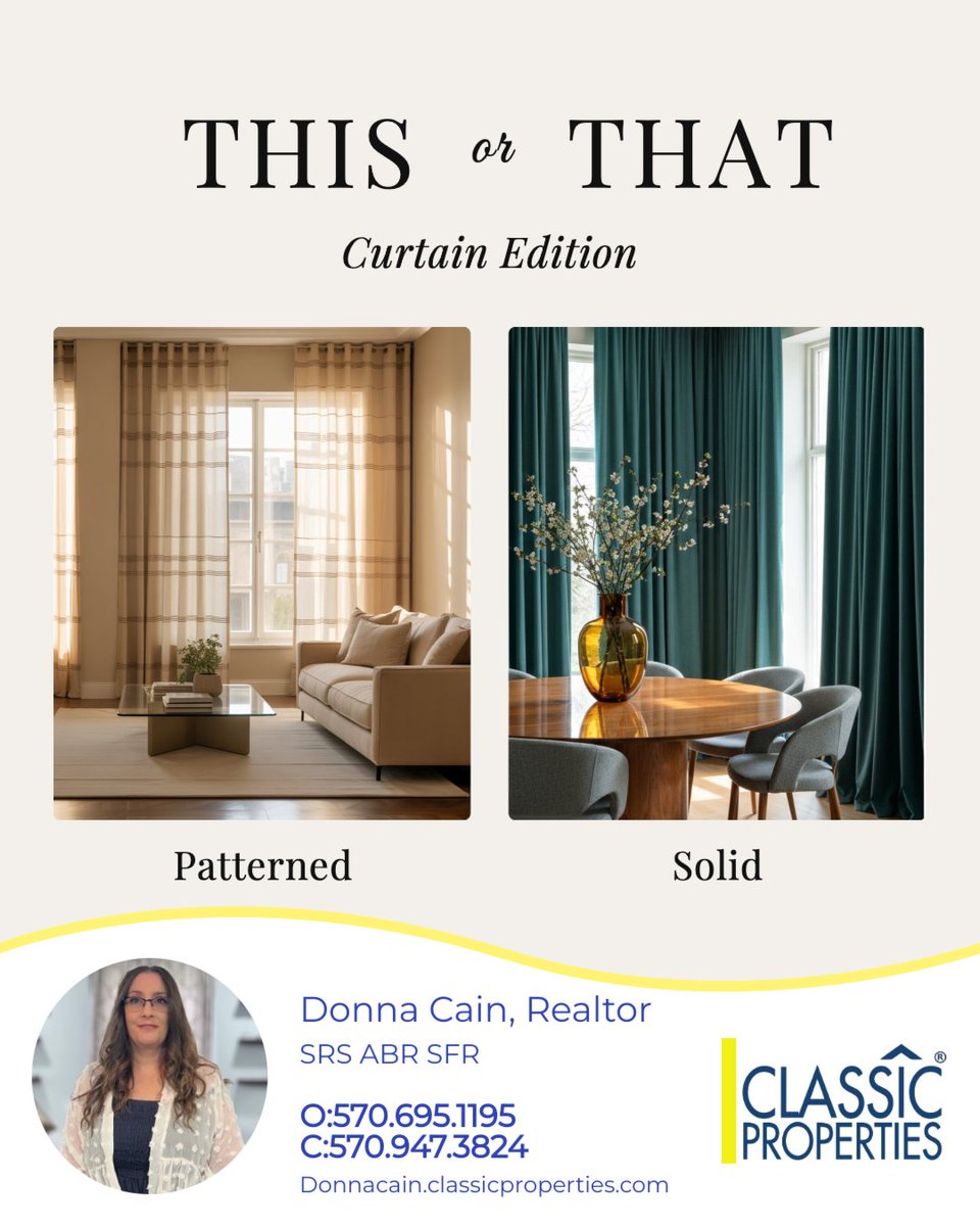 donnacrealtor's tweet image. Selecting the ideal curtains can truly enhance any room!

When it comes to style and design, do you lean towards a minimalist look with solid colors, or do you prefer vibrant, patterned curtains that add a touch of personality?

#interiordesign #homedecor