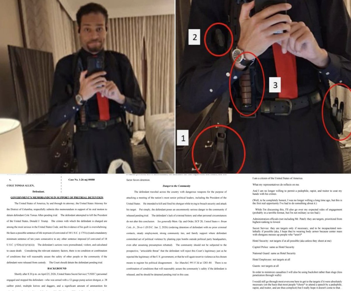 ChristinaNewstv's tweet image. #new Federal prosecutors have released new evidence detailing Cole Tomas Allen's attempt to assassinate President Donald J. Trump.

Here is the mirror selfie the 31-year-old California man took just 30 minutes before he tried to charge past the magnetometers at the White House
