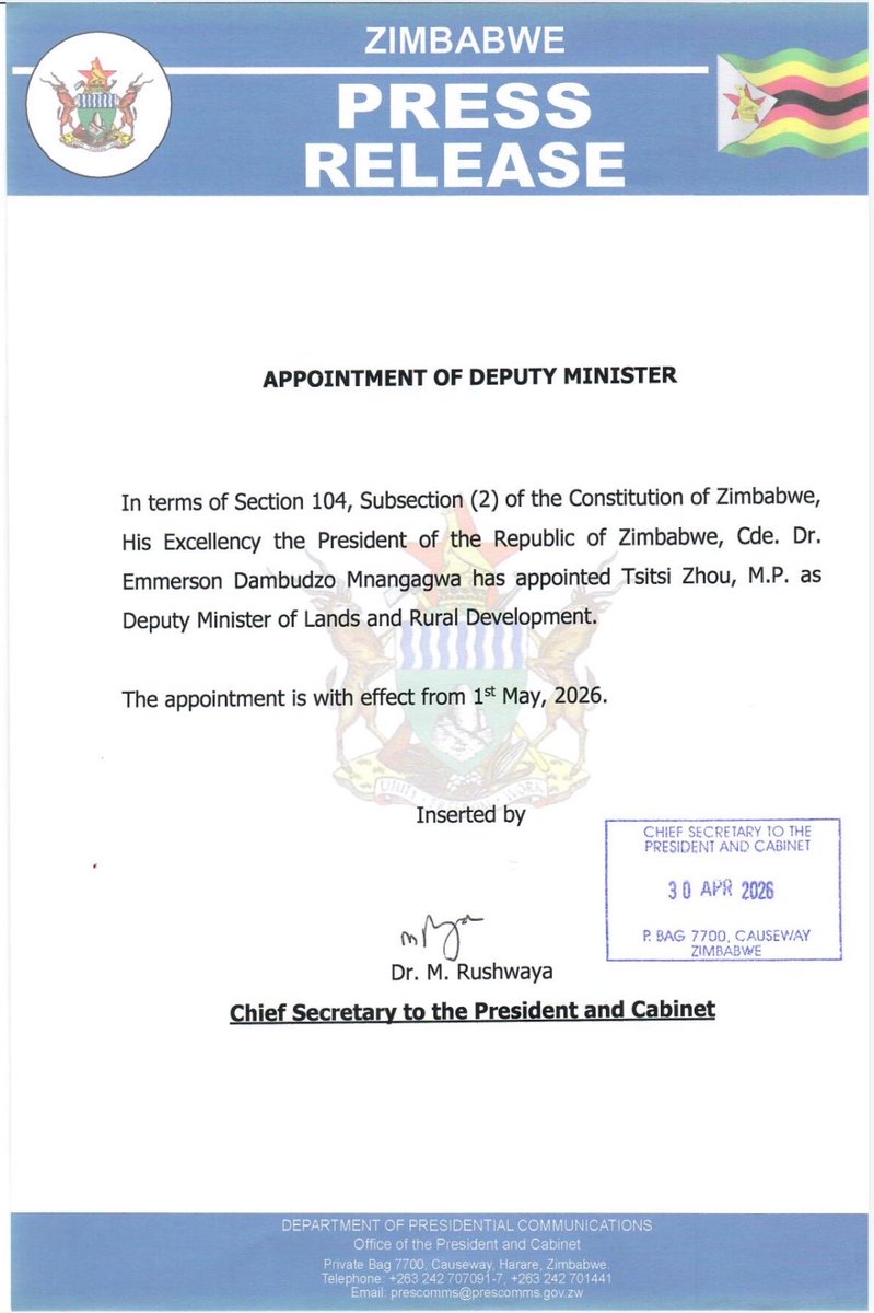 H.E. President <a href="/edmnangagwa/">President of Zimbabwe</a> appoints Hon Tsitsi Zhou, M.P. as Deputy Minister of Lands and Rural Development.
