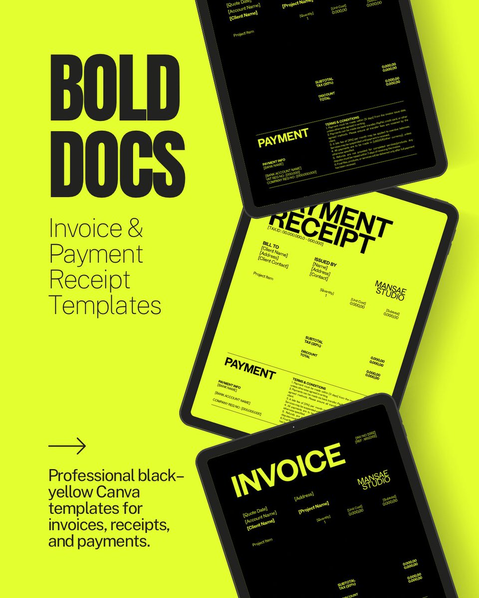 mansaestudio's tweet image. Bold Docs – modern invoice &amp;amp; receipt templates for freelancers &amp;amp; small businesses. Easy to edit in Canva.

Available now 👉 payhip.com/b/e6wT4

#canva #invoice #payment #business
