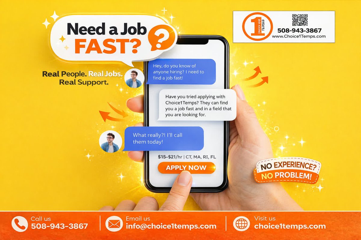 Choice1Temps's tweet image. ⚡📱 NEED A JOB FAST? WE'VE GOT YOU. 📱⚡

Skip the stress and endless searching — Choice1Temps makes it easy to get hired quickly.
💬 Real People. Real Jobs. Rea... choice1temps.com

#NowHiring #JobSearch #ApplyNow #Choice1Temps #NoExperienceNeeded