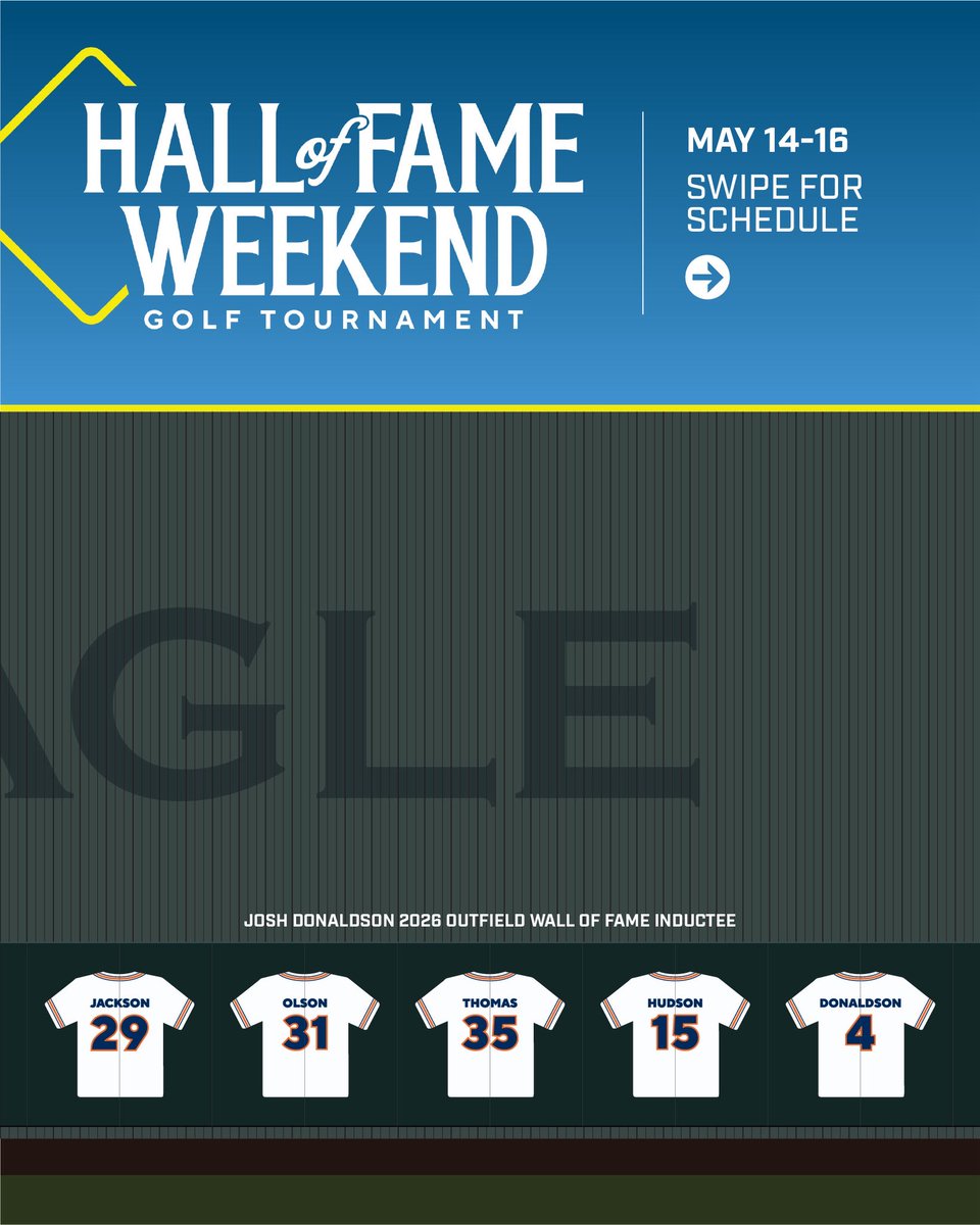 AuburnTigers's tweet photo. Hall of Fame Weekend is set ⛳️ 

Join us May 14–16 for a full slate: reception, golf scramble, Wall of Fame recognition &amp; Auburn vs. Georgia. 

Celebrating 2026 inductee Josh Donaldson ⚾️ 

ℹ️ https://t.co/gSCkbZForC 

#WarEagle https://t.co/vYmjTcDIxZ