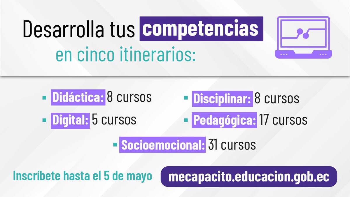 Educacion_Ec's tweet photo. 📣 ¡Atención! Está abierta la convocatoria para la Cohorte 4 del Centro de Formación Digital #Mecapacito, dirigido a profesionales de la educación de todos los sostenimientos.

👩🏻‍🏫👨🏻‍🏫 66 cursos disponibles. ✔️
💻 Inscríbete hasta el 5 de mayo.
💻 Ingresa en ➡️ https://t.co/kpqPOJ6EMh 
📲 ¡Comparte para que llegue a más profes!

#ElNuevoEcuador
#ValorizaciónDocente