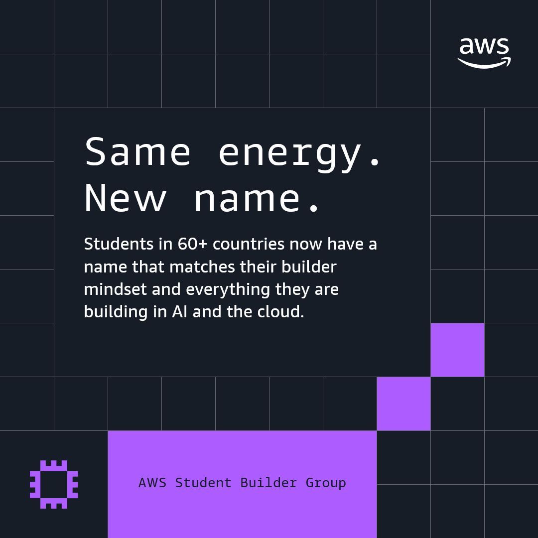 ricksuttles's tweet photo. TODAY. IS. THE. DAY. 🎓

AWS Cloud Clubs are officially becoming Student Builder Groups.

2,000 universities worldwide by end of year. A new Campus Leader program. A truly global builder community is waiting for you!

If you're a student: find your group or start one today! Learn more: https://t.co/A4NwukjWYY

#AWSBuilderCenter