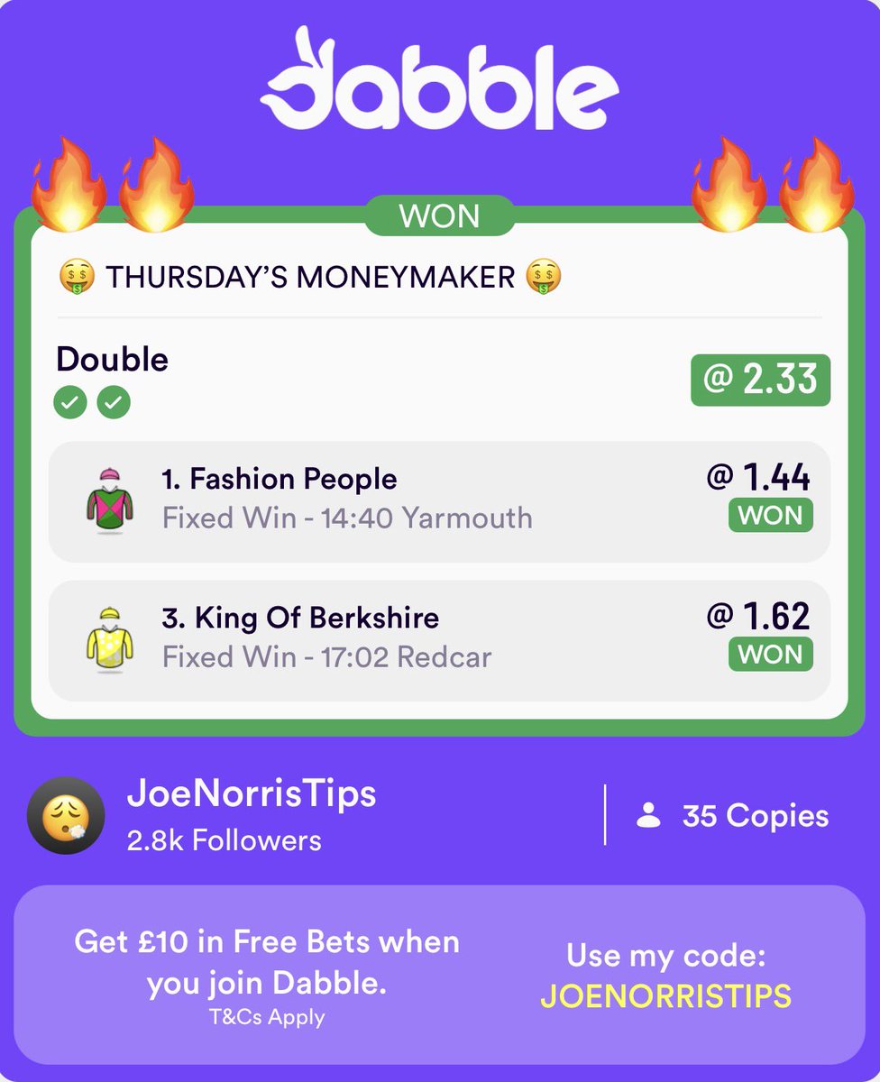 JoeNorrisGYTO's tweet photo. MONEYMAKER LANDS AGAIN!!!!!!!!!!!!!!!!!

✅ Fashion People
✅ King Of Berkshire

This is the bet that keeps on giving

Profitable to follow 🔥 https://t.co/yZFksSV5vH