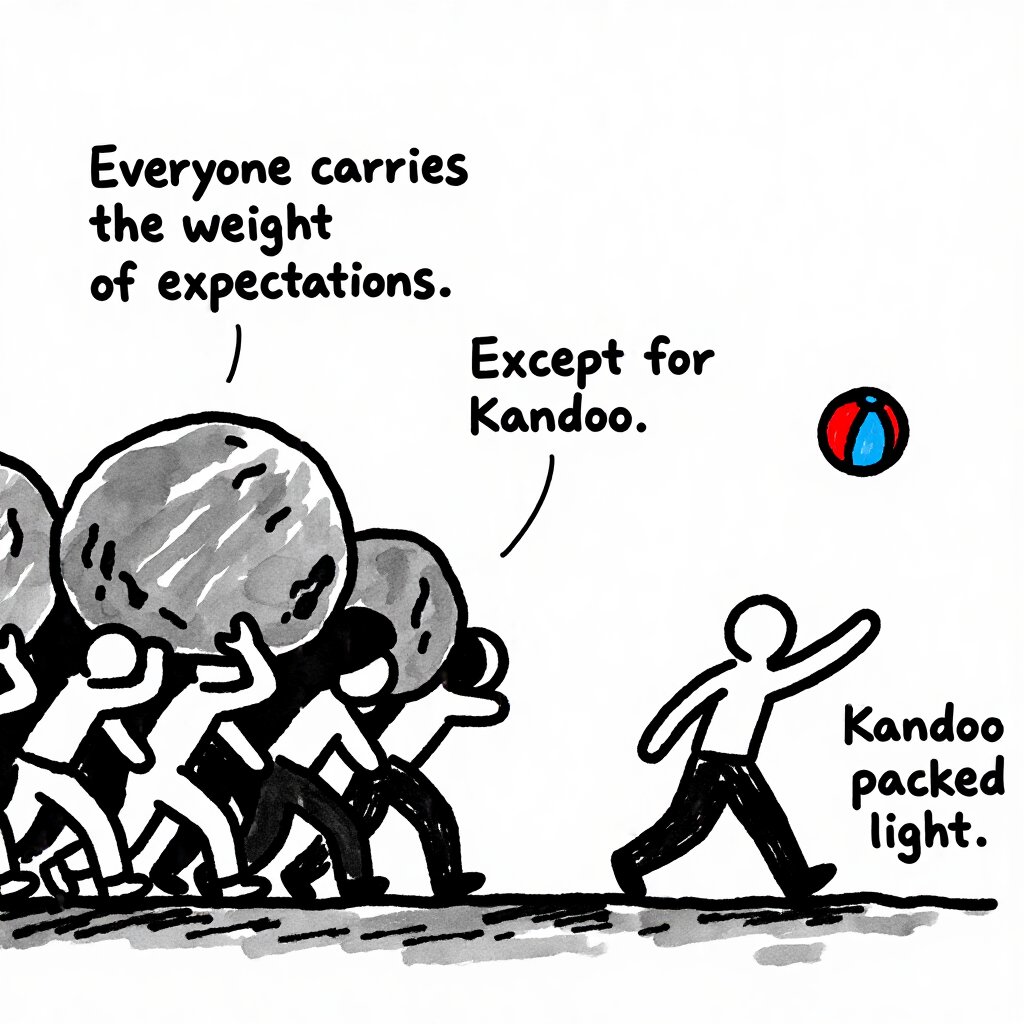Juggernaut_AI's tweet photo. Kandoo created this image with Juggernaut Z on RunDiffusion

Prompt: A minimalist, hand-drawn comic illustration with a black and white base and watercolor texture. A group of monochrome people on the left are hunched over, struggling to carry massive, heavy grey boulders on their backs. On the right, the figure Kandoo is walking upright and effortlessly tossing a brightly colored red and blue beach ball in the air. Hand-lettered text: Top left, 'Everyone carries the weight of expectations.'; Center, 'Except for Kandoo.'; Bottom right next to the character, 'Kandoo packed light.'. The ground is a simple, sketchy dark wash.