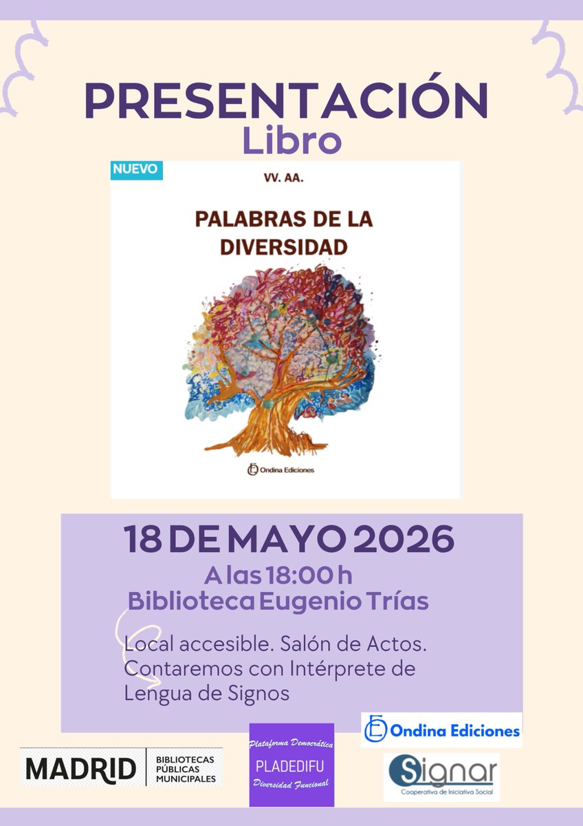 PlaDeDiFu1's tweet photo. Impulsado por la PDDF y con la aportación generosa de muchas personas,hemos publicado un libro de relatos cuyos protagonistas tienen algo que ver con la diversidad funcional para sensibilizar con esta cara de la realidad.Biblioteca Municipal Eugenio Trías,18 de mayo a las 18 h https://t.co/2CfH716VMc