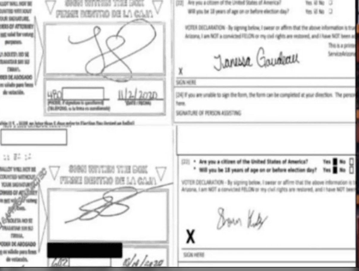 ArizonaDano's tweet image. An activist Judge just allowed #Arizona to continue hiding its voter rolls from the Federal Government!
In 2020 over 200,000 mail-in ballot envelopes were found with Forged signatures and they were still counted giving Biden a FAKE win! Do you think these sigs match?