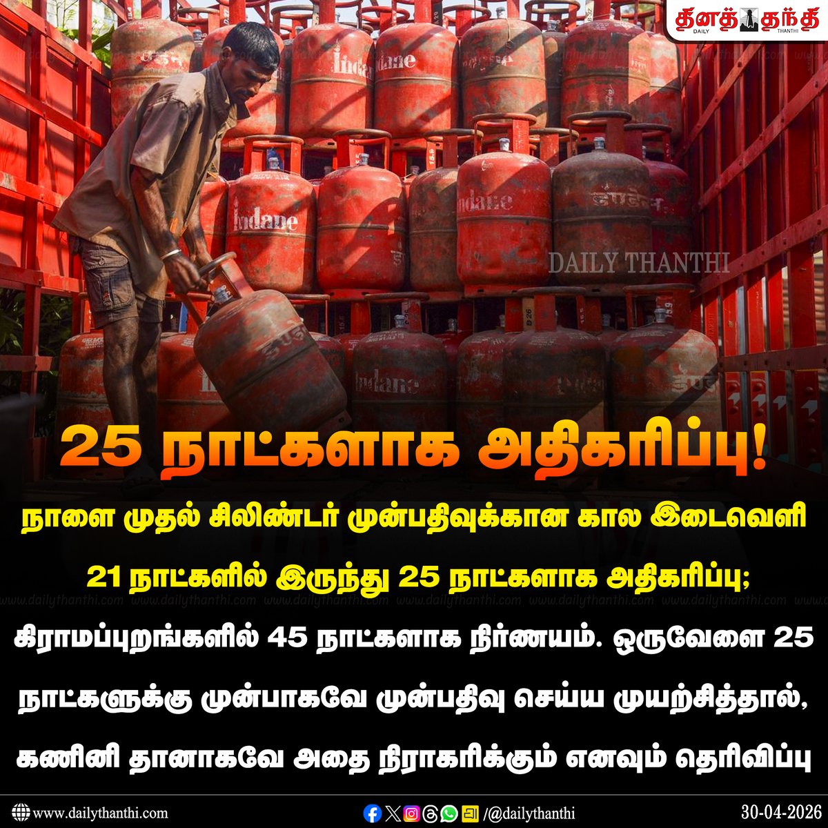 dinathanthi's tweet image. #NewsUpdate | வீட்டு சிலிண்டர் முன்பதிவுக்கான கால இடைவெளி 21 நாட்களில் இருந்து 25 நாட்களாக அதிகரிப்பு!

#LPG | #Cylinder | #DailyThanthi