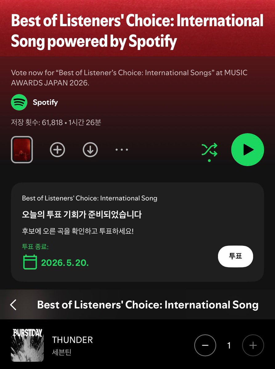 #MAJ(MUSIC AWARDS JAPAN)
- Best of Listener's Choice: 국제 부문

기간 | 05.20(수)까지
후보 | 세븐틴 - THUNDER
투표 | 스밍권 보유 일일 2표, 미보유 일일 1표

1️⃣ 링크를 누르고, 투표 버튼 클릭
2️⃣ 썬더를 찾아 투표하면 완료(매일 가능)

투표하러가기
👉 open.spotify.com/playlist/37i9d…

#세븐틴