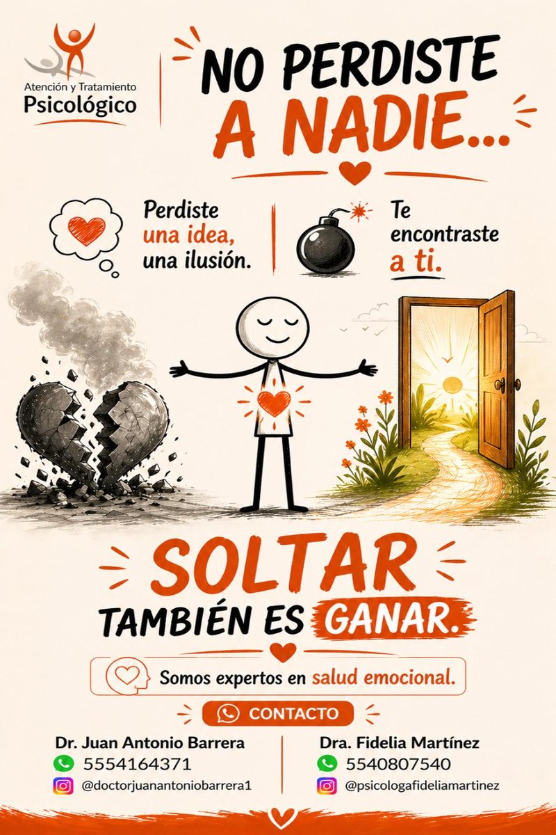 💔 No perdiste a nadie…
Perdiste una idea, una ilusión.
✨ Y en ese proceso… te encontraste a ti.
Soltar no es rendirse… es elegirte.
Es dejar de aguantar lo que duele para empezar a construir lo que mereces.
🧠 Somos expertos en salud emocional.
Dr. Juan Antonio Barrera