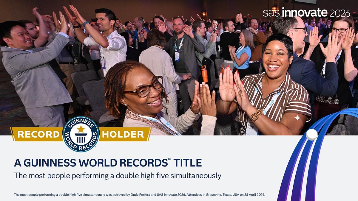 SASanalytics's tweet photo. Guinness World Record achievement unlocked 🔓! Hundreds of #SASInnovate 2026 participants and Dude Perfect performed a perfectly timed double hive-five all around and became one concerted record-setting team. https://t.co/mJ7I6Cla19 @GWR https://t.co/va7NNsKOeN