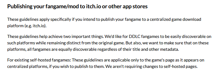 Mithost's tweet photo. @BlueuserCope Hi! As noted on our IP Guidelines page, the "Doki Doki" and official logo edit guidelines only apply when uploading a fangame/mod to a storefront such as gamejolt/itch.io, which was not allowed before. Outside of AI, there are no new restrictions for fangames/mods in this update. https://t.co/AcS6WMUJRw
