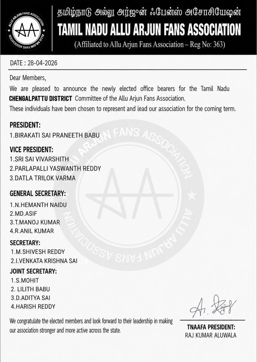 AAFAOnline's tweet photo. 📍 Chengalpattu District , Tamil Nadu

We are proud to officially announce the newly elected Chengalpattu District Committee of AAFA Tamil Nadu.

Congratulations to all the office bearers on taking up this responsibility. Wishing you great success in leading with dedication and strengthening the association at the district level.

Fans of Allu Arjun stand united. 🔥

🔗 @AAFATamilNadu | @AAFAChennai

#AAFA #AlluArjun #CHENGALPATTU #TamilNadu #AAFans #IconStar