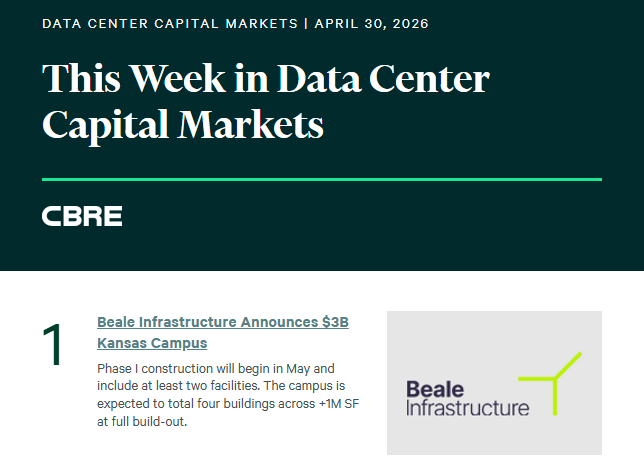 DataCenterCRE's tweet photo. This Week in Data Center Capital Markets – April 30, 2026: https://t.co/14Rpw6ZTFH

Email allie.surges@cbre.com to be added to the weekly email distribution.

#datacenter #investmentproperties #capitalmarkets
#commercialrealestate #datacenters #datacentre
#datacentres #cloud https://t.co/nfwd8GG5aS