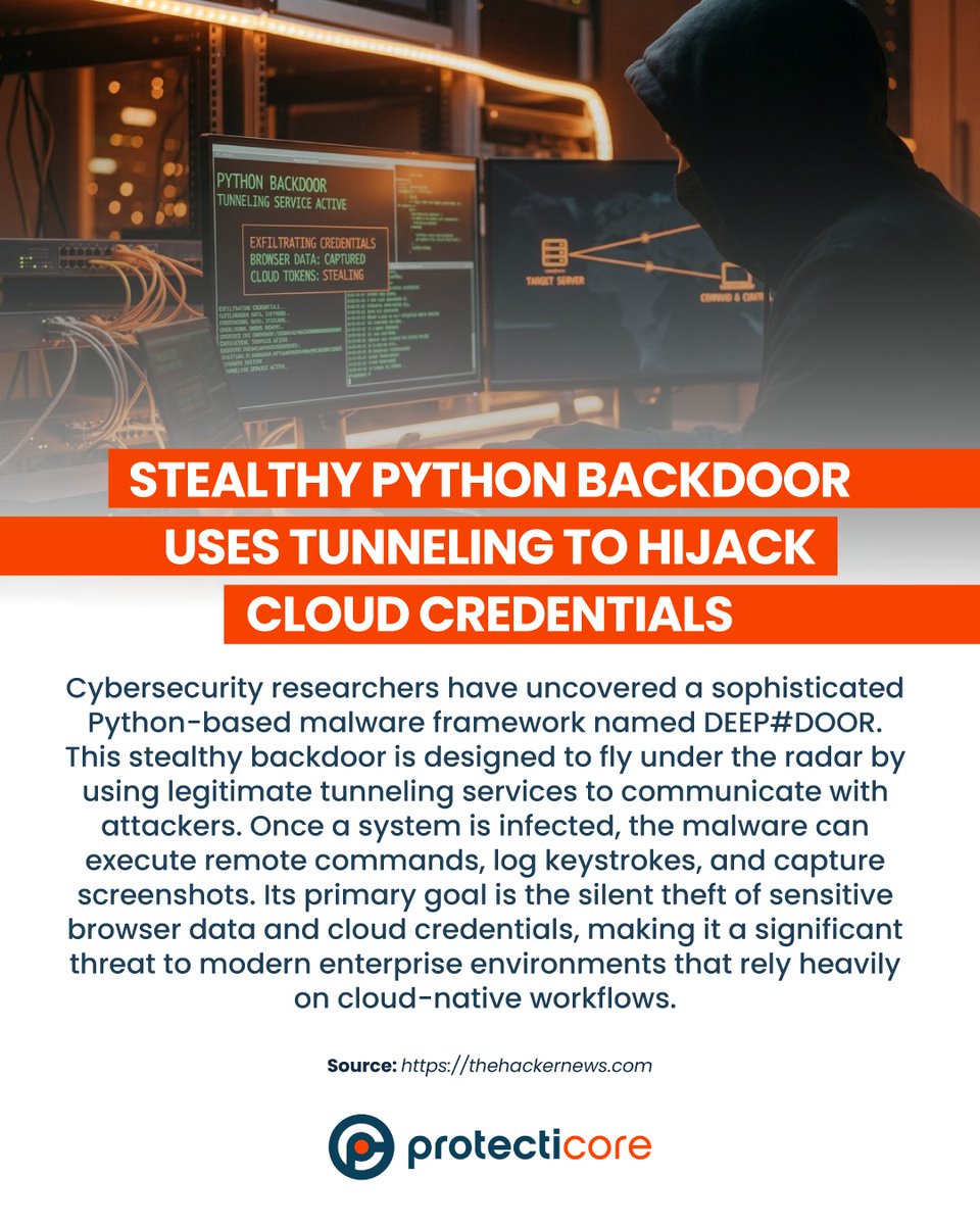 protecticore's tweet photo. SECURITY ALERT: DEEP#DOOR BACKDOOR. 🚨 A new Python-based framework is using tunneling services to bypass defenses and steal cloud credentials. It includes keylogging, screen capture, and remote shell capabilities 🛡️🌐 

#CyberSecurity #ThreatIntel #Python #protecticore https://t.co/pJXtwC0pfS