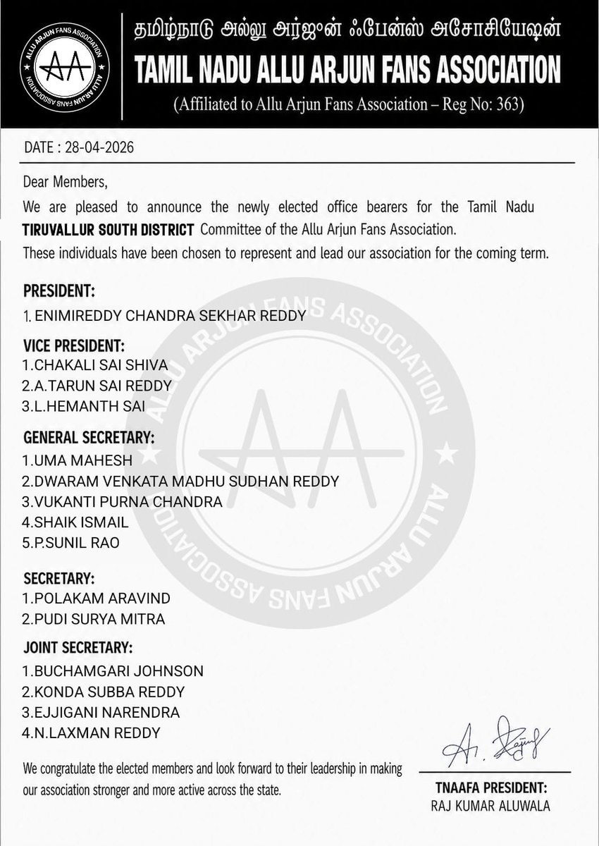 AAFAOnline's tweet photo. 📍 Tiruvallur South District, Tamil Nadu

We are proud to officially announce the newly elected Tiruvallur South District Committee of AAFA Tamil Nadu.

Congratulations to all the office bearers on taking up this responsibility. Wishing you great success in leading with dedication and strengthening the association at the district level.

Fans of Allu Arjun stand united. 🔥

🔗 @AAFATamilNadu | @AAFAChennai

#AAFA #AlluArjun #Tiruvallur #TamilNadu #AAFans #IconStar