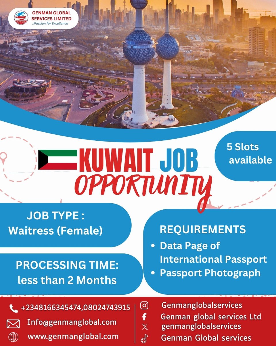 GenmanGlobal's tweet image. URGENT HIRING 🚨
Waitress jobs available in Kuwait 🇰🇼

Slots are limited and filling fast!
Don’t delay: send us a DM now to apply.
#fyp #kuwait #workabroad #jobopportunity #travel