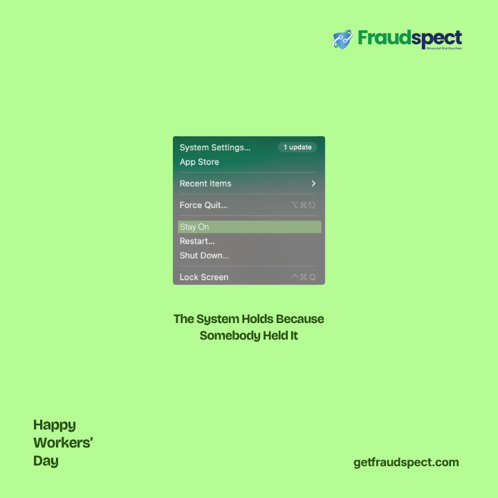 Fraudspect's tweet photo. Most people only notice systems when they fail.
But the system holds because somebody held it.

To every Compliance Officer, Risk Manager, AML team, and Fraud Analyst; thank you for protecting trust behind the scenes.

Happy Workers’ Day.

Love,
FraudSpect https://t.co/bxRGLGlKbH