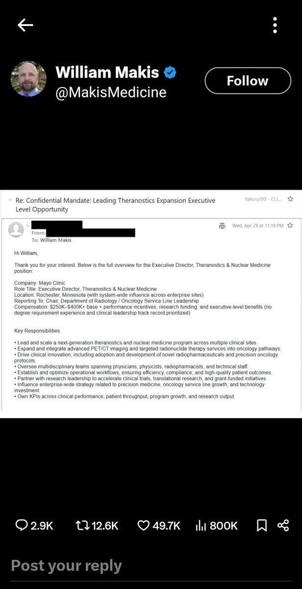 dr_jon_l's tweet image. This is clearly a standard reply to an email Makis sent asking about the position.  It is definitely not a job offer.  Who is actually falling for this? 🤣