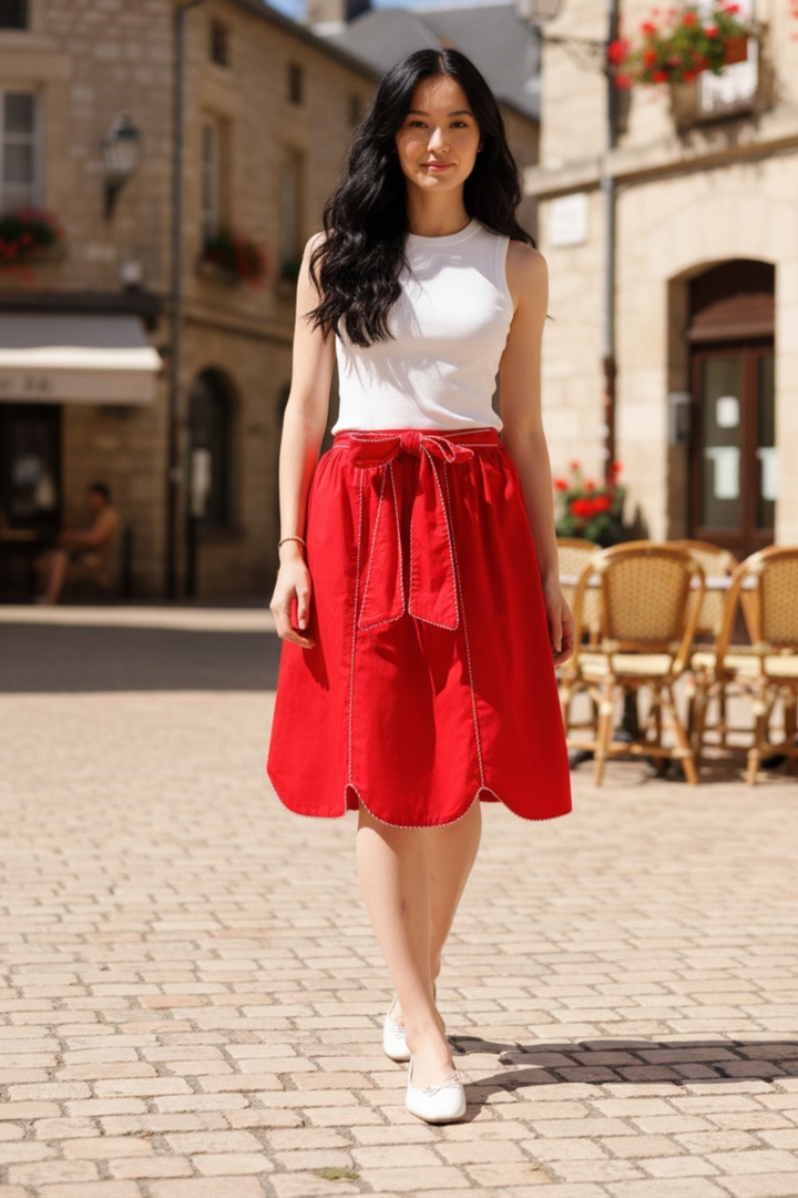 amomentofnow's tweet image. Meet your new warm-weather staple: the Madrid Skirt in True Red. A-line, scalloped hem, front tie, and pockets! Style with a blouse or tee. Try it at amomentofnow.com/products/madri… #Red Madrid Skirt #Downeast Fashion #A Line Skirt #Midi Skirt #Scalloped Hem