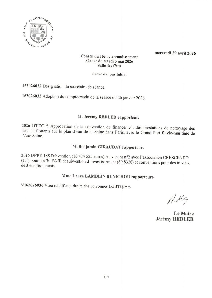 Séance du 5 mai prochain du Conseil municipal du 16e arrondissement : rien à l'ordre du jour à propos du Parc, du PSG ou du quartier de la Porte de Saint-Cloud.
Un complément pourrait toutefois intervenir d'ici là.