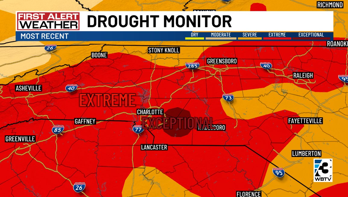Coulter_wx's tweet image. Extreme drought has expanded to include much of the area, with exceptional drought now in place #CLT &amp;amp; east... 

You have to go back to 2008 to see the last time we had "exceptional" drought not only in these locations but across the entire area #cltwx #ncwx #scwx @WBTV_News