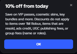 Rolimons's tweet photo. Starting users can save 10% on purchases

 Limited items that are resold are no longer eligible for the discount.