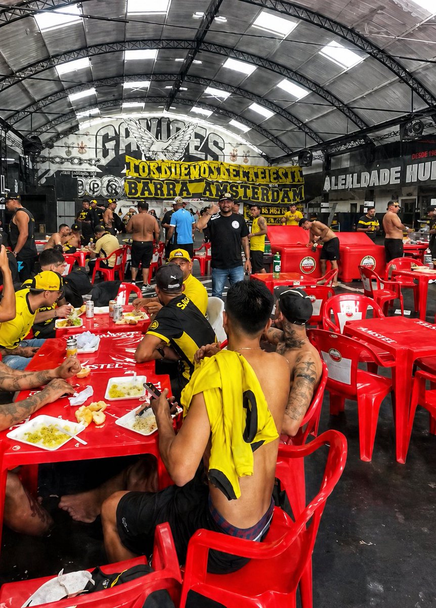 ⚠️A caravana da Barra Amsterdam do Peñarol já está em São Paulo, foram recepcionados na quadra dos Gaviões com almoço e muita cerveja, clima de paz e resenha entre as maiores torcidas organizadas do Brasil e Uruguai  🇧🇷 🇺🇾