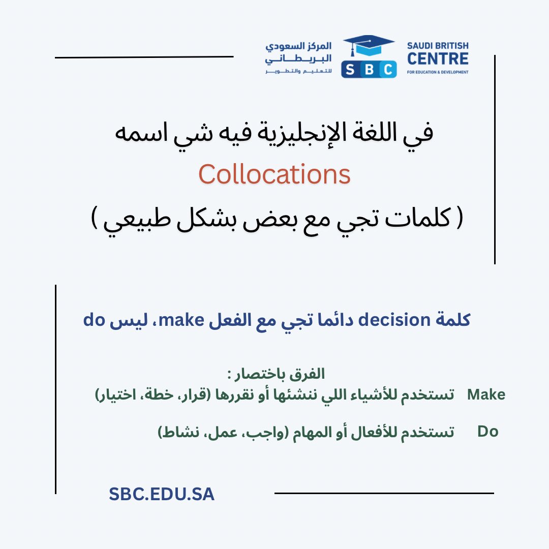 saudi_sbc's tweet photo. هل تقول make ولا do؟ 🤔
أ��طاء بسيطة… لكن معناها كبير!

في هذا البوست بتتعرف على الفرق بينها و بطريقة سهلة https://t.co/ehdvjW8D2X