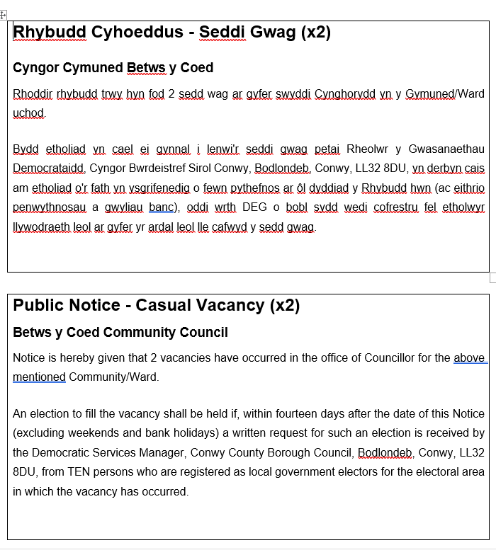 demCBSConwy's tweet photo. Hysbysiad o Sedd Wag ar gyfer Cyngor Cymuned Betws y Coed (x2)- gosodwyd yr hysbysiad gan y clerc ar 27.04.26. Dyddiad cau 18.05.26. https://t.co/hoNS56Fq1p