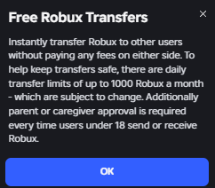 Rolimons's tweet photo. Users can transfer up to 1000 Robux a month to another user (Subject to change) and any users under 18 are required to have parent approval to send robux