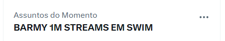BARMYSTREAM's tweet photo. Olha quem ainda está por aqui...

Não vamos desanimar, vocês sabem que quanto mais perto do fim de semana, mais concorrido fica, mas incentivo vai longe

BARMY 1M STREAMS EM SWIM
#BTSDeVoltaAo1BR 
#BARMYNoTopo https://t.co/PlplfnBcuS