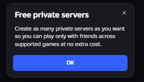 Rolimons's tweet photo. Users can create as many private servers as they like free of cost https://t.co/VS4xMxAhPm