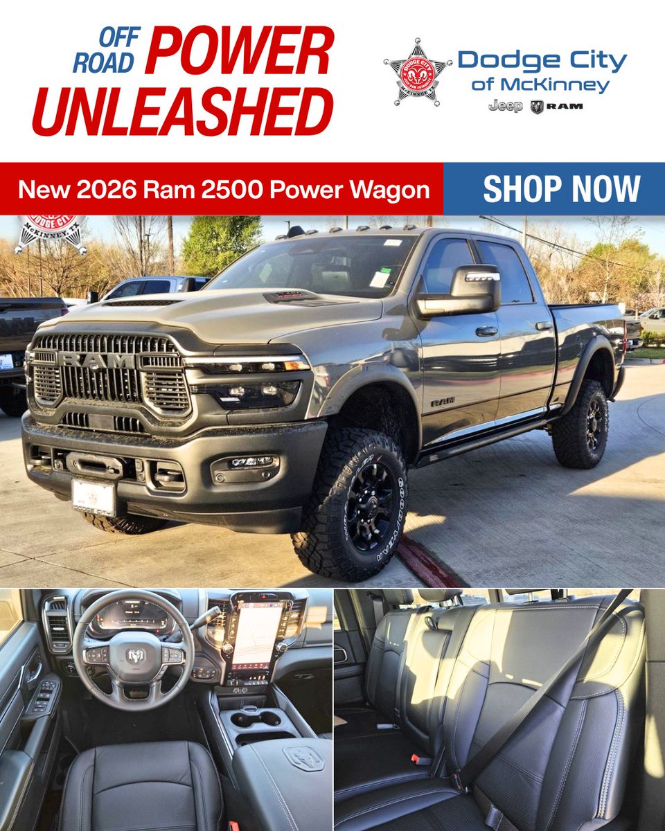 McKinneyDodge's tweet image. The New 2026 Ram 2500 Power Wagon is built to dominate off road with serious capability, rugged strength, and bold presence. When the terrain gets tough, this truck is just getting started.

📞 (972) 569-9650
 🌐 tinyurl.com/264wtx5z 

#Ram2500 #PowerWagon #OffRoadReady
