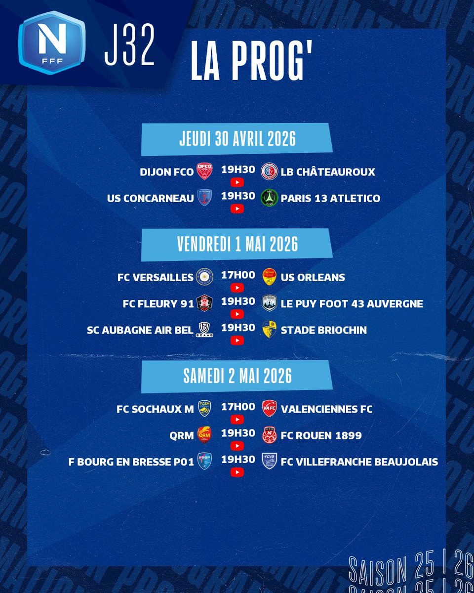 Coup d'envoi à 19h15 de la 32e journée du <a href="/NationalFFF/">Championnat National</a>  avec deux affiches à suivre en direct :
➡️<a href="/DFCO_Officiel/">Dijon FCO</a> 🆚 <a href="/LaBerrichonne/">La Berrichonne de Châteauroux</a> 
➡️ <a href="/USConcarneau/">US Concarneau</a> 🆚 <a href="/Paris13Atletico/">Paris 13 Atletico</a> 
Le DFCO, leader, a l'opportunité en cas de victoire de valider sa promotion en L2.