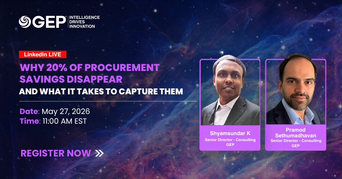 GEP_Worldwide's tweet image. Most #procurement teams negotiate strong deals. But a significant share of #savings don’t materialize. Join GEP’s Pramod Sethumadhavan and Shyamsundar K on May 27 for strategies to ensure negotiated value shows up in results. Register now. bit.ly/4cRnK5j
