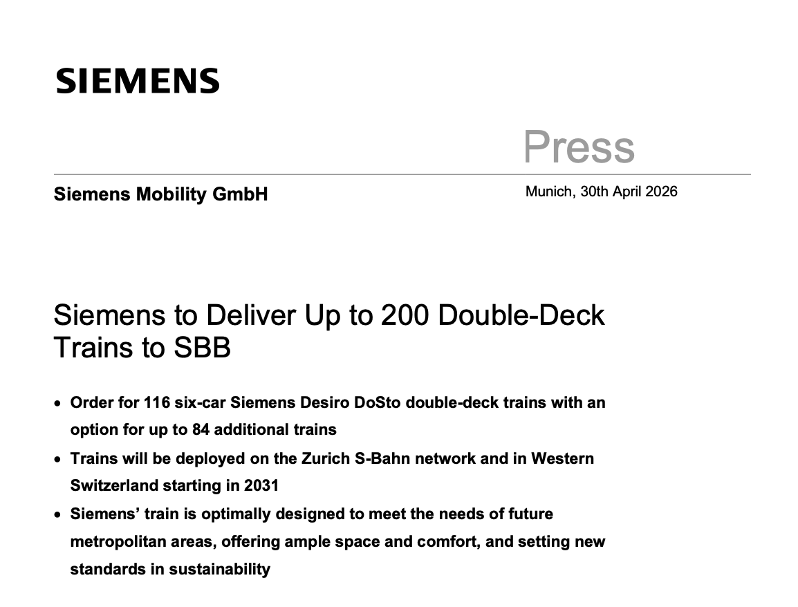 ive_m5's tweet photo. Siemens to Deliver Up to 200 Double-Deck Trains to SBB

Order for 116 six-car Siemens Desiro DoSto double-deck trains with an option for up to 84 additional trains
Trains will be deployed on the Zurich S-Bahn network and in Western Switzerland starting in 2031
Siemens’ train is optimally designed to meet the needs of future metropolitan areas, offering ample space and comfort, and setting new standards in sustainability

https://t.co/vfW5As0HtY